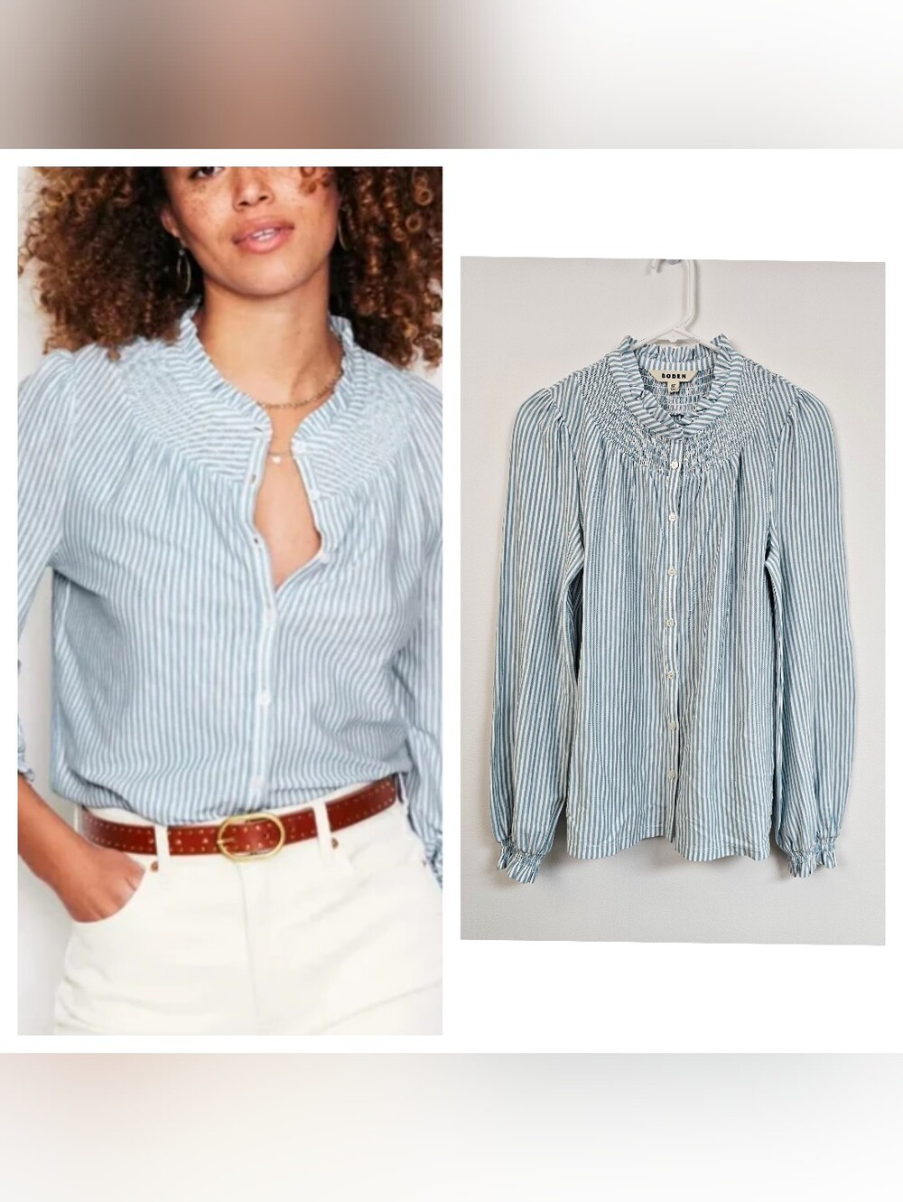 Boden Fay Smoket Jersey Knit Striped Button Up Top Ruffle Collar